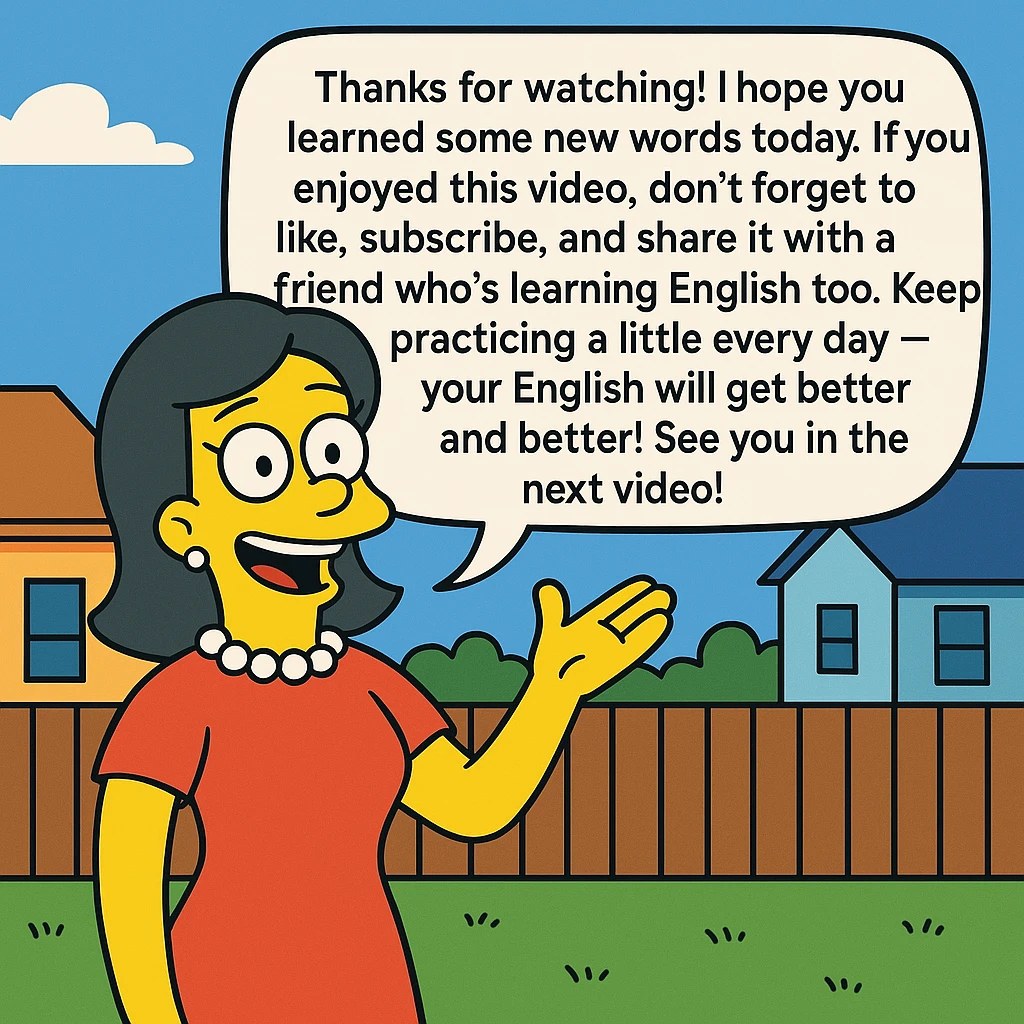 Thanks for watching! I hope you learned some new words today. If you enjoyed this video, don’t forget to like, subscribe, and share it with a friend who’s learning English too. Keep practicing a little every day — your English will get better and better! See you in the next video! emoji