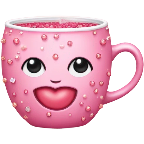 soft pink mug filled with steaming hot raspberry tea, decorated with blush pink pearl and sparkly embellishments (aesthetic, cute) emoji