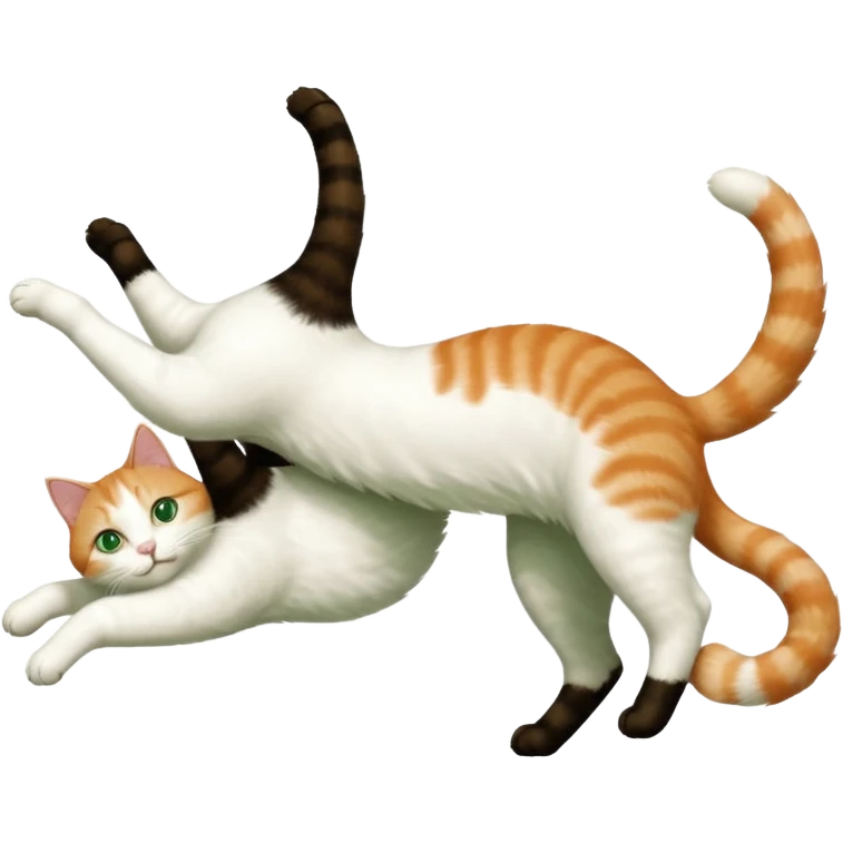 ginger and white cat with green eyes doing a big extremely long stretch reaching up into the air with arms and legs side by side together straight and overextended whilst lying on its side emoji
