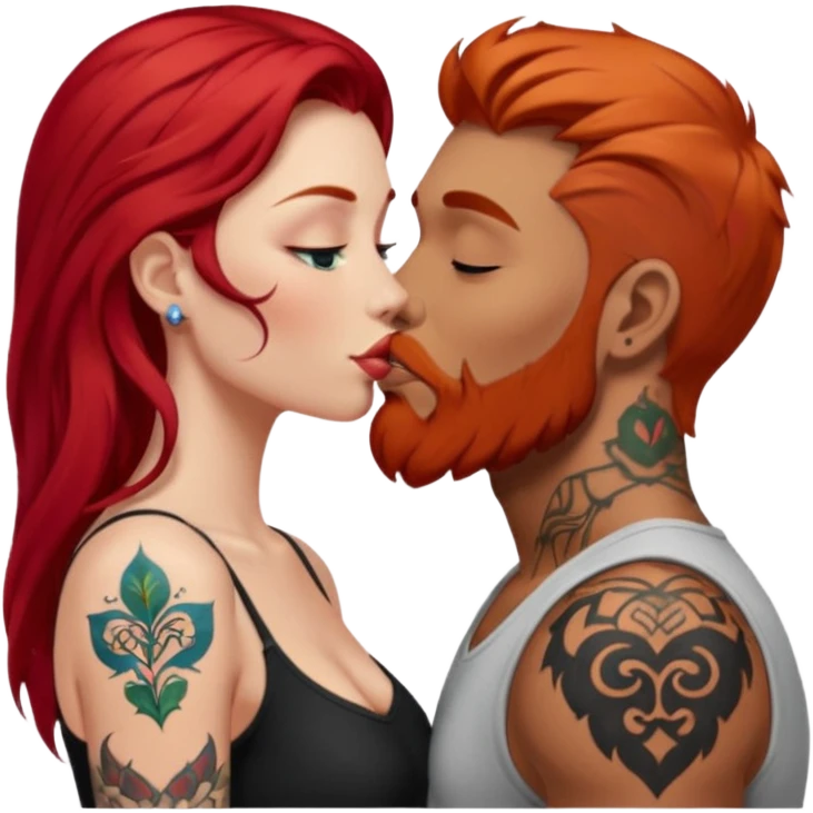 Long red hair woman with white skin kissing man with tan skin, short black hair, beard, & tattoos emoji