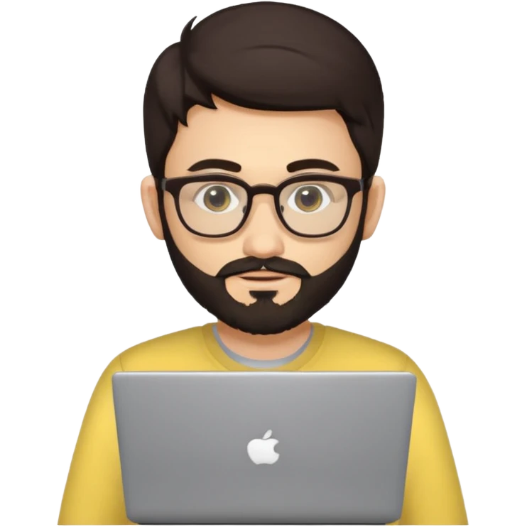 23 year old Azerbaijani man with very dark brown hair and beard with glasses and laptop , light yellow skin face emoji