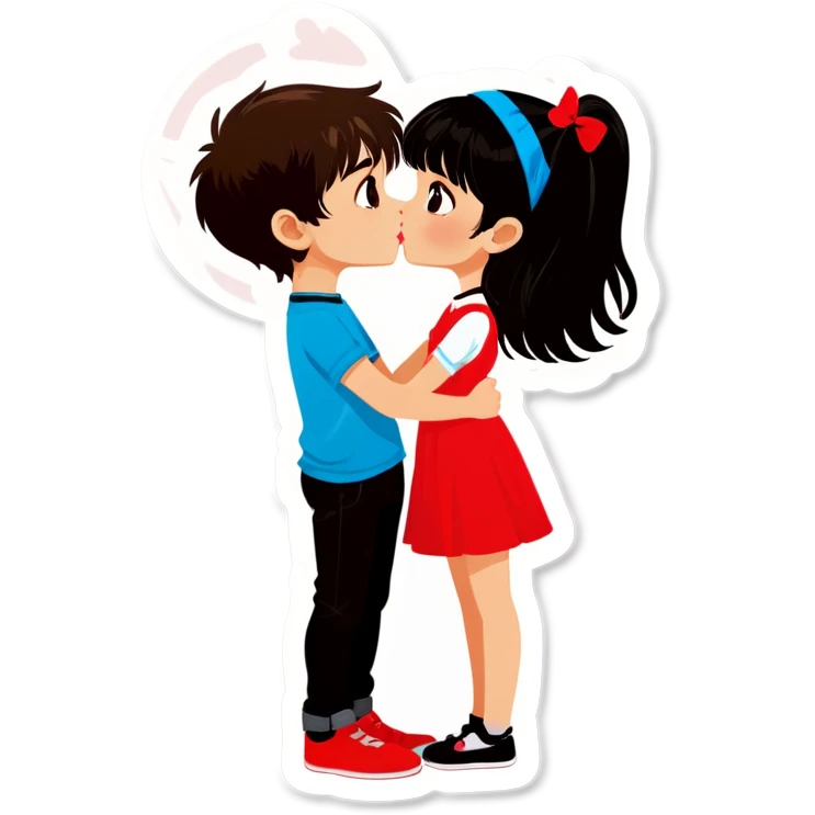 Boy with brown hair and girl with black hair and bangs, kissing emoji