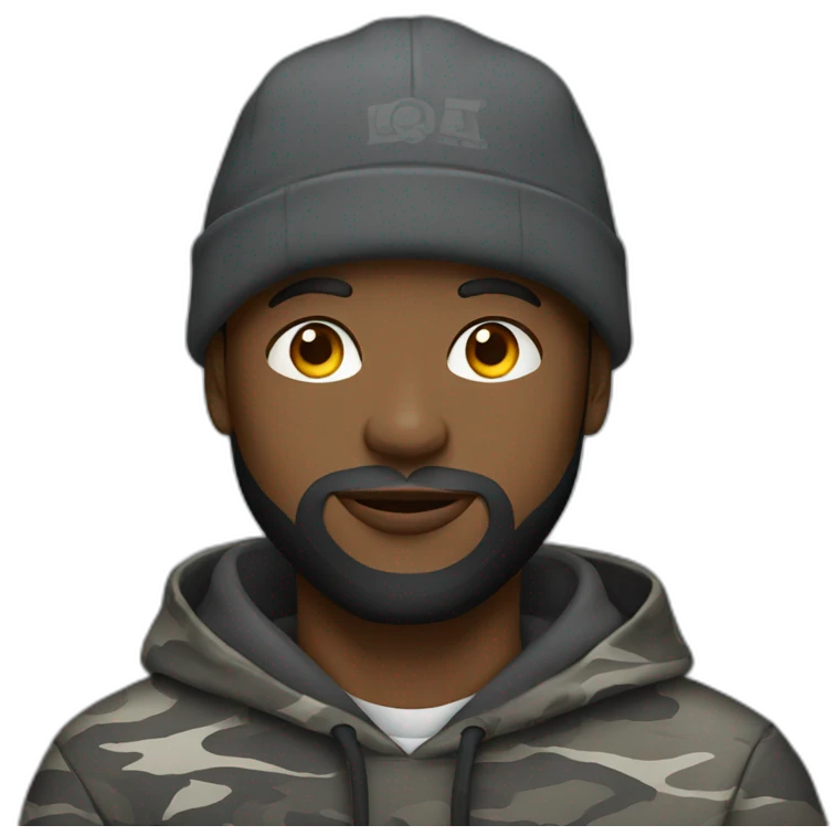 black man with a beard, gray camo hat, black pullover  hoodie emoji