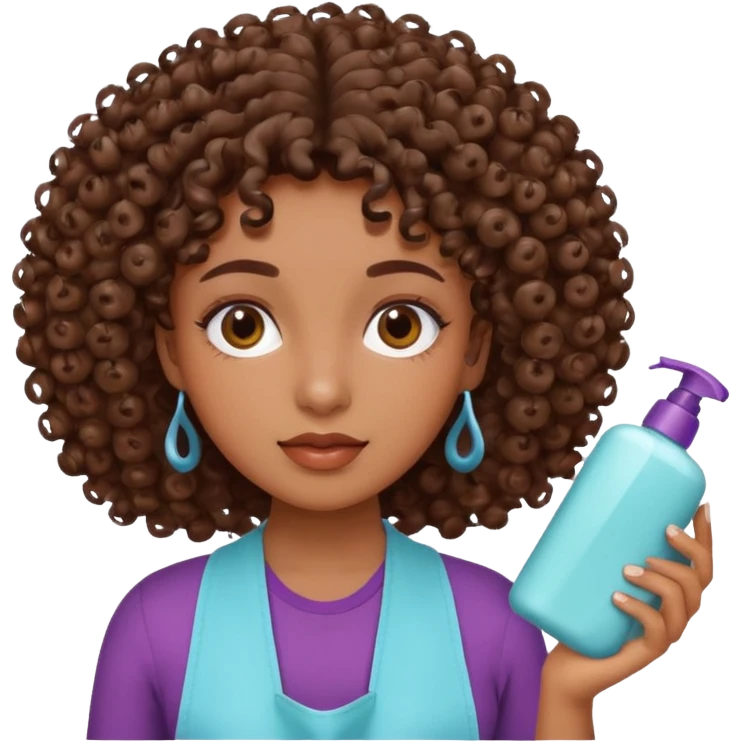 Menina na cor parda, com os cabelos bem cacheados e fazendo o movimento col produtos na mão limpando e cuidando do rosto emoji