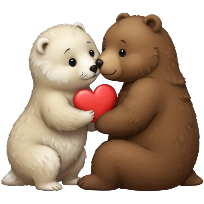 small white seal kissing a big brown bear with a heart between them emoji