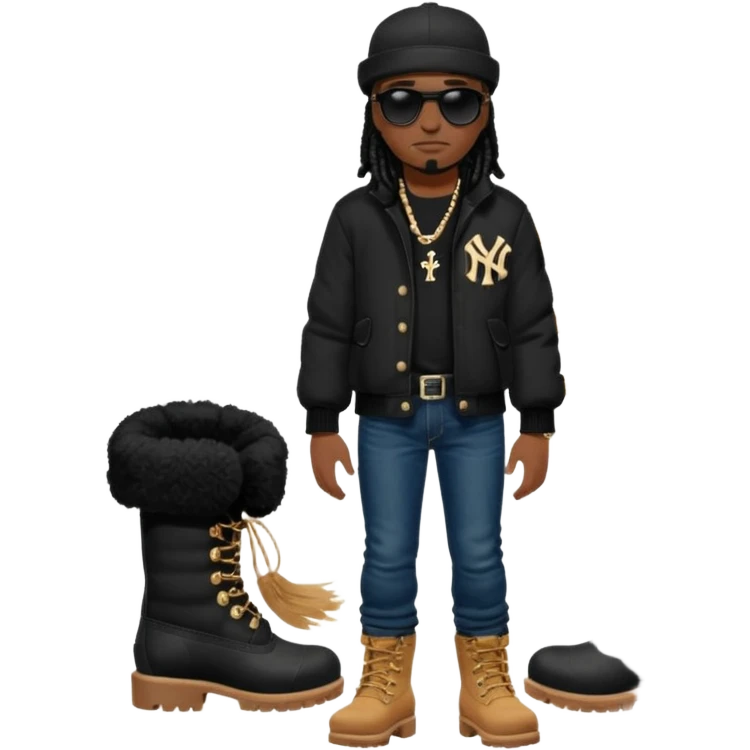 African American man with shoulder length black dreadlocks with black bead wearing black sunglasses with wearing denim skinny jeans wearing black bubble winter coat wearing black New York Yankees baseball hat and wheat timberland boots with arms folded emoji