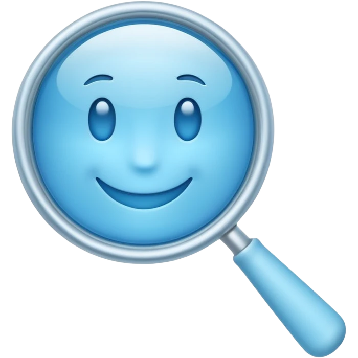 A 3D emoji-style magnifying glass, smooth rounded shapes, soft gradient blue ring, glossy plastic material, subtle highlights and reflections, simple minimal design, pastel blue color, slightly thick proportions, soft lighting, clean white background, modern emoji aesthetic, centered composition emoji