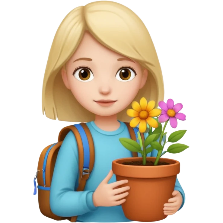 young girl wearing packpack, holding a flower pot emoji