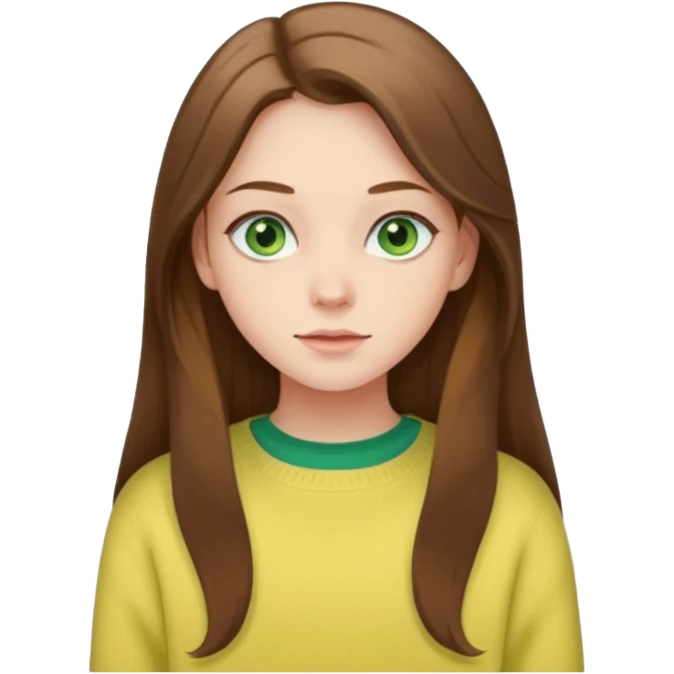please create an emoji of a semi pale girl with long brown hair, green eyes, wearing a pastel yellow sweater emoji
