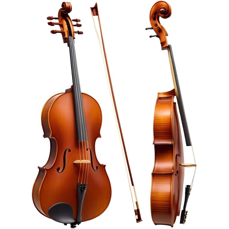 Create an elegant and refined emoji representing a Cremona 4/3F 4/4 cello with bow. The design should feature the distinctive, finely crafted body of the cello, highlighting its rich wooden finish and gracefully curved shape. The bow should be included, with visible horsehair and a polished wooden stick. Add subtle details like tuning pegs and strings to emphasize the precision and craftsmanship of the instrument. Use warm wood tones, deep brown, and soft metallic accents to reflect the high quality of the Cremona cello. The background should be transparent. emoji