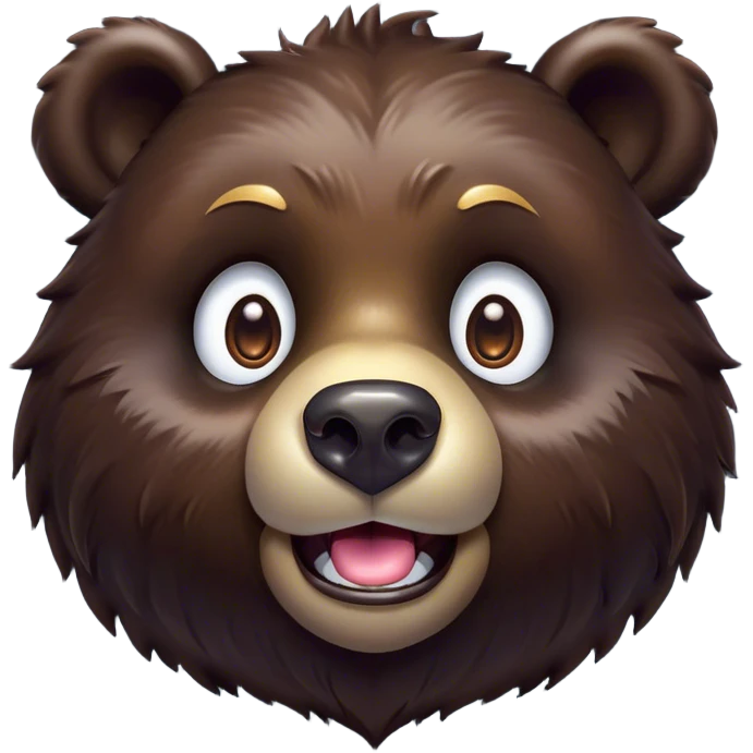 Cinematic Comical Bear Portrait Emoji, Head tilted dramatically with an exaggeratedly amused expression, featuring a striking, glossy dark brown fur with bold fur texture, wide, expressive eyes filled with playful disbelief, Simplified yet hilariously expressive features, highly detailed, glowing with a slightly sassy glow, high shine, dramatic yet playful, stylized with an air of cheeky wilderness mischief, bright and endearing, soft glowing outline, capturing the essence of a spirited and over-the-top bear, so meme-worthy it feels like it could roar its way into internet fame instantly! emoji