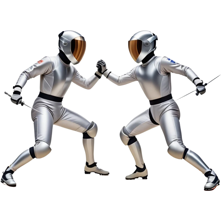 Two fencers in full protective gear duel on a professional piste, their foils clashing in mid-air. The background features a dynamic blur, symbolizing speed and precision. The scene is illuminated by bright arena lights, emphasizing the intensity of the match. Transparent background. emoji