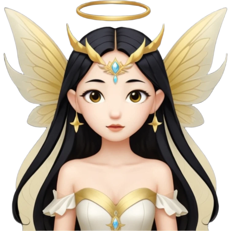 Asian fairy portrait with long black hair and pointy ears, no horns, no halo, no head accessories, big fairy wings, white and gold off shoulder dress emoji