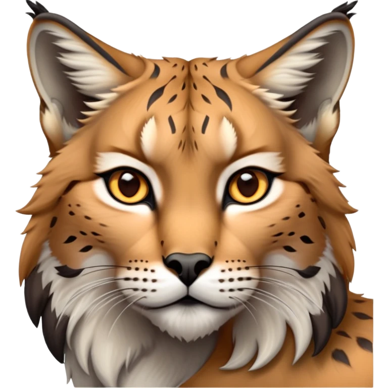 Cinematic-Noble realistic-Lynx-Portrait-Emoji – Poised and regal, with a strong, agile build and a strikingly patterned fur of warm tawny fur accented by bold black ear tufts, deep-set, intelligent amber eyes, simplified yet sharp and sophisticated. zoomed out to show shoulders emoji