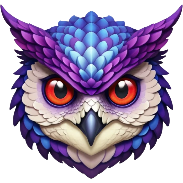Owl dragon hybrid front facing dark purple and blue and red emoji