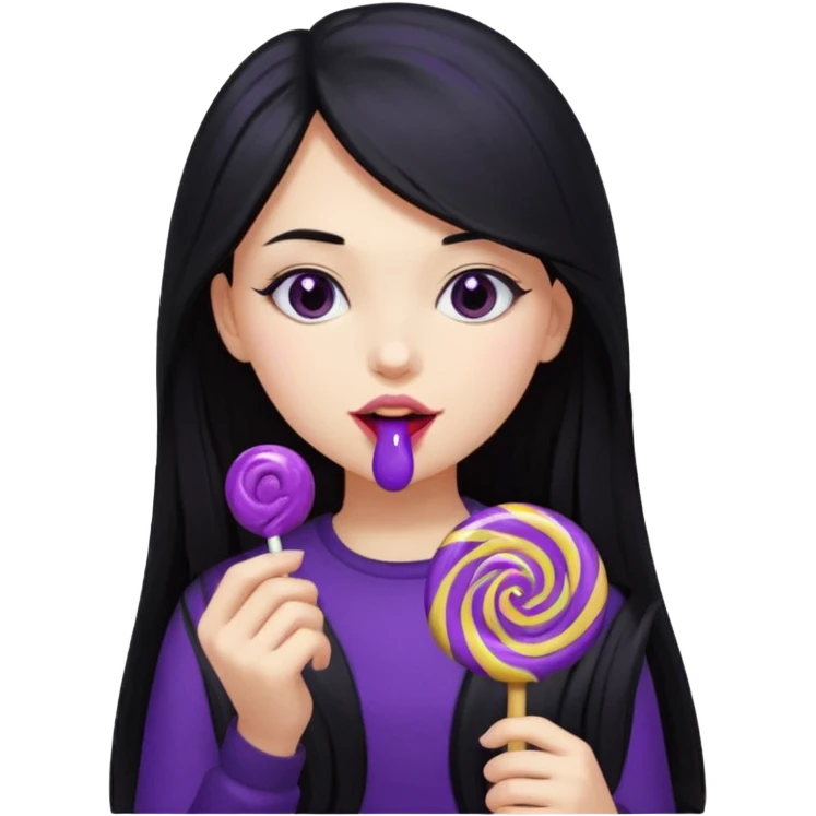 girl with long black hair, black clother with eating disorder purple sweet food emoji