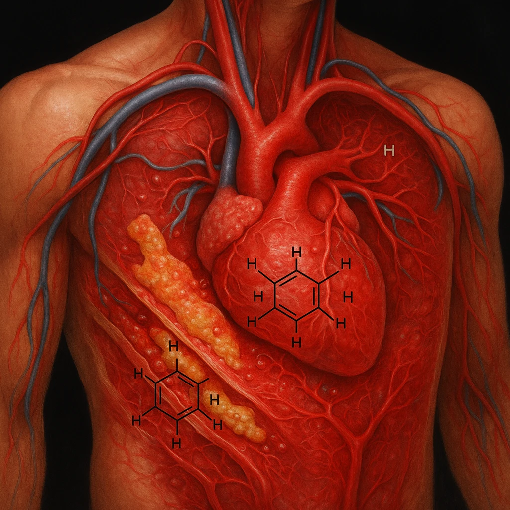 Create a photorealistic medical illustration of the human body section showing anatomy. Represent arteries, tissues, and inflammation realistically as in a true medical image. The flows of oxidized omega-6 fatty acids should appear real, like plaques or genuine inflammations. Hexane molecules should be visible but integrated credibly as chemical residues. The exterior of the body remains strong, while the interior shows inflammation with realistic red tones. emoji
