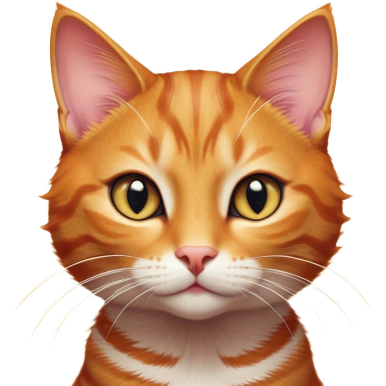 Cinematic Cute Ginger Tabby Cat Portrait Emoji, Head tilted playfully and inquisitively, sleek orange-brown fur with bold tabby stripes and a distinctive M-shaped marking on the forehead, sparkling amber eyes, Simplified yet irresistibly adorable features, highly detailed, glowing with a warm, friendly glow, high shine, affectionate and curious, stylized with a touch of whimsy, bright and endearing, soft glowing outline, capturing the essence of a mischievous yet loving kitten, so playful it feels like it could pounce out of the screen and into your arms! emoji