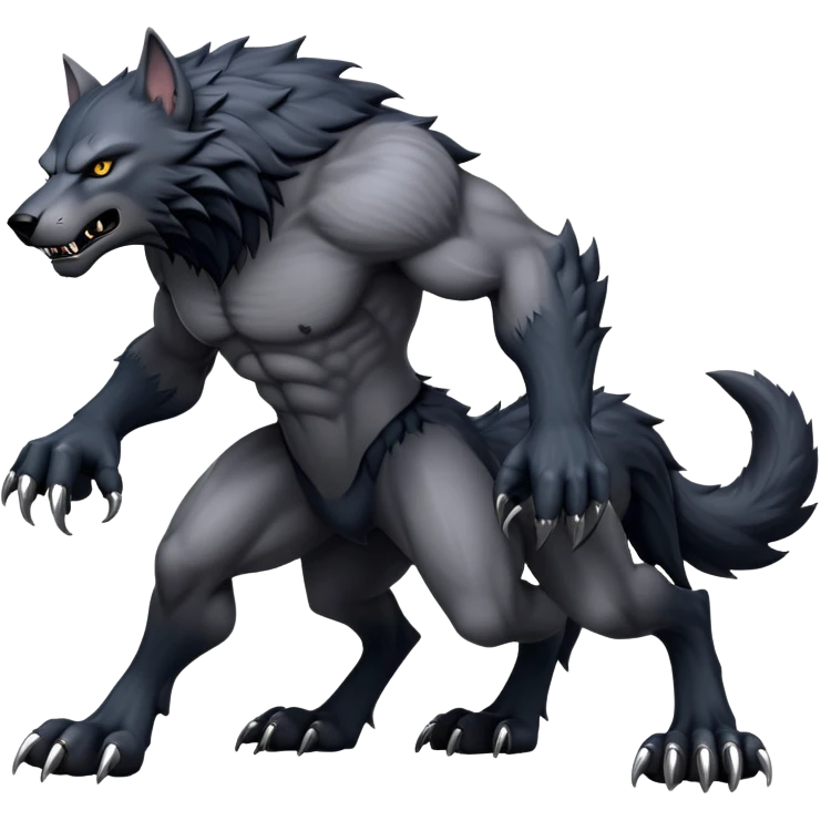 cinematic-noble-fierce-werewolf-full body on all fours-emoji, poised-and-imposing, with a tall, lean, and muscular wolfish frame inspired by the brutal, imposing shape of the beast from Berserk, fur rippling in shades of midnight black and silver, massive paws with razor-sharp claws, elongated limbs and fangs, eyes glowing with an intense, primal ferocity, reflecting the untamed power of the wild moonlit night; rendered with realism like a wolf hunched over emoji