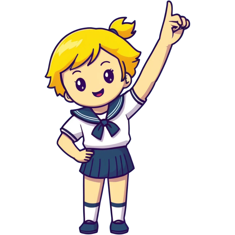Anime girl with short bright yellow hair wearing Japanese sailor style school uniform, composed posture with hand on hip but energetically waving with other hand, excited smile and happy eyes emoji