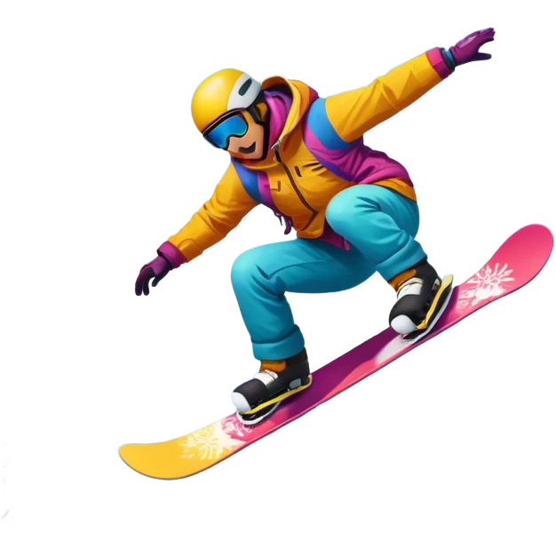 An icon showing a snowboarder performing an exciting jump on a snow-covered slope. The background features towering mountains, snow-covered trees, and a bright, clear sky. Transparent background highlights the speed, agility, and thrill of snowboarding. emoji