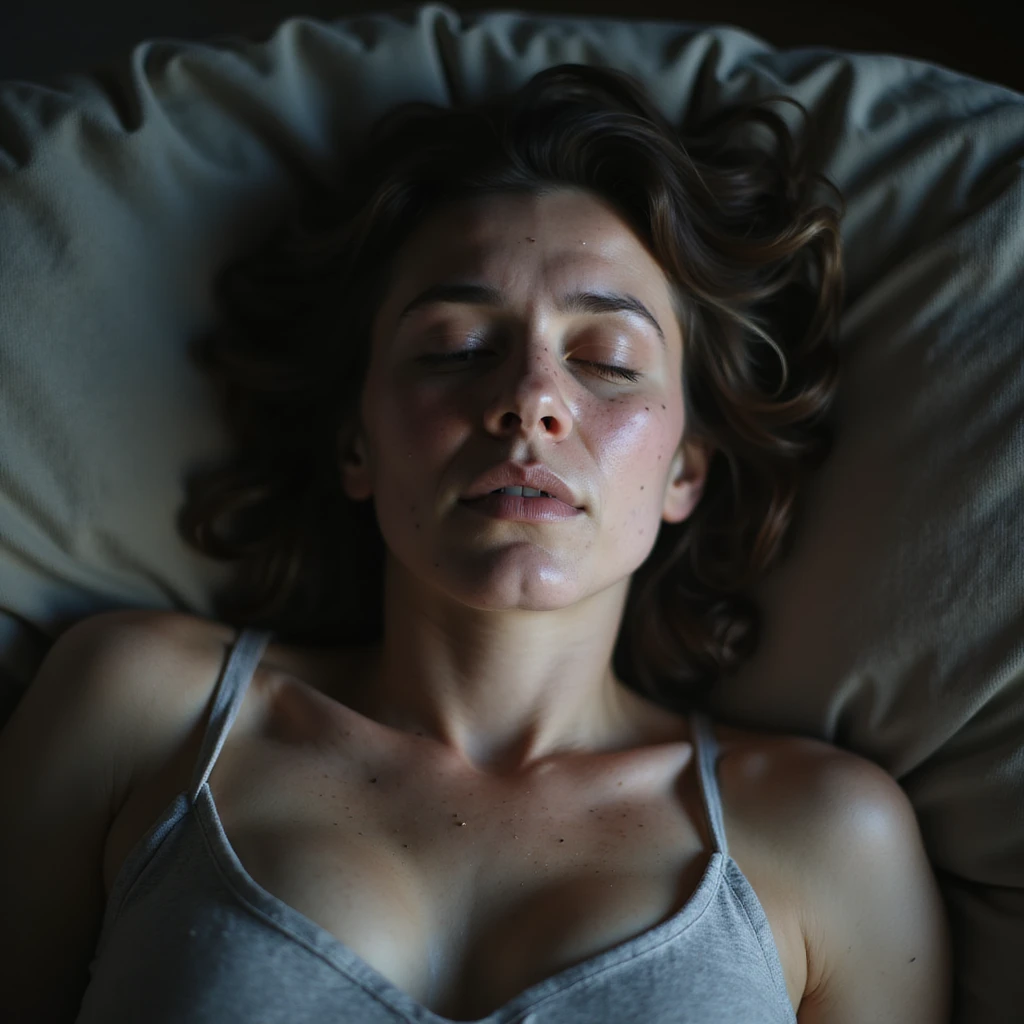 hyperrealistic 4K image of a woman with PCOS lying on a couch, tired face, eyes closed or half-open, dark circles, acne, facial hair, thin hair, realistic atmosphere emoji