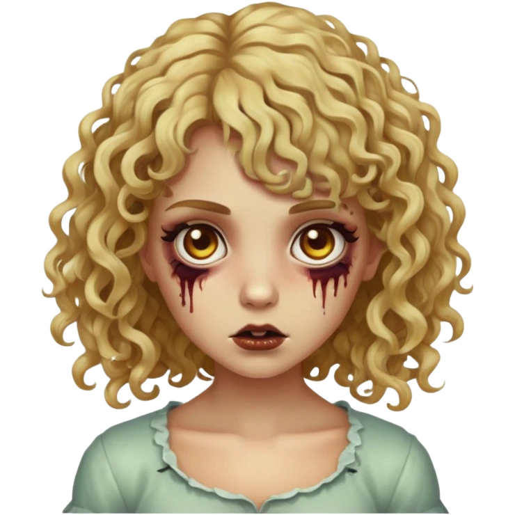 uma garota zumbi de cabelo cor loiro mel forte, olhos castanhos escuros, o cabelo dela é cacheado e ela tem uma franja cacheada  emoji