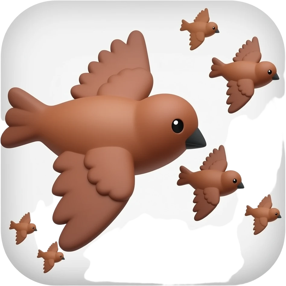 A 3D render iPhone emoji icon of a detailed Brown and red color 3D Render iPhone emojis of a flock of brown and red color songbirds flying in the air emoji