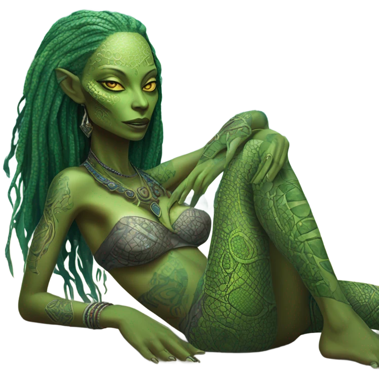 a Reptilian alien woman laying on the beach emoji
