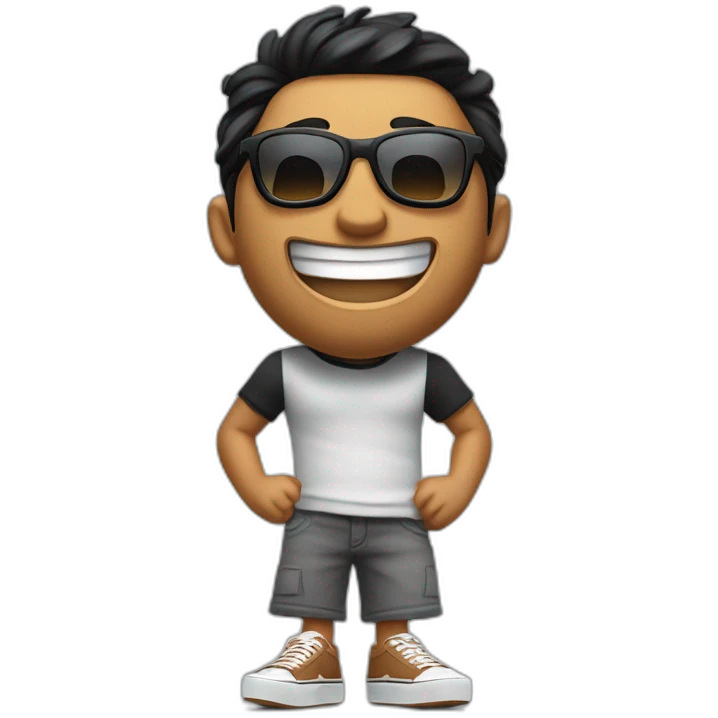 emote with pixar style 3d illustration of a man with tanned skin, black hair, fade haircut and brown eyes, dressed in vans skater style, wearing oscar sunglasses, he is laughing. emoji