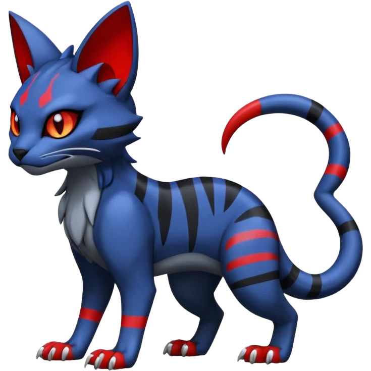 Vampiric scary spooky dark gloomy evil cute midnight blue-gray-black, with red markings, white belly, scaley scaly batty feline-like quadrupedal digitigrade furry feral Bastet-Noibat-Gatomon-Garchomp-Digimon-Fakémon-Pokémon-creature (full body) emoji
