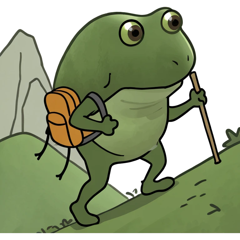 bufo hiking uphill with a stick and backpack emoji