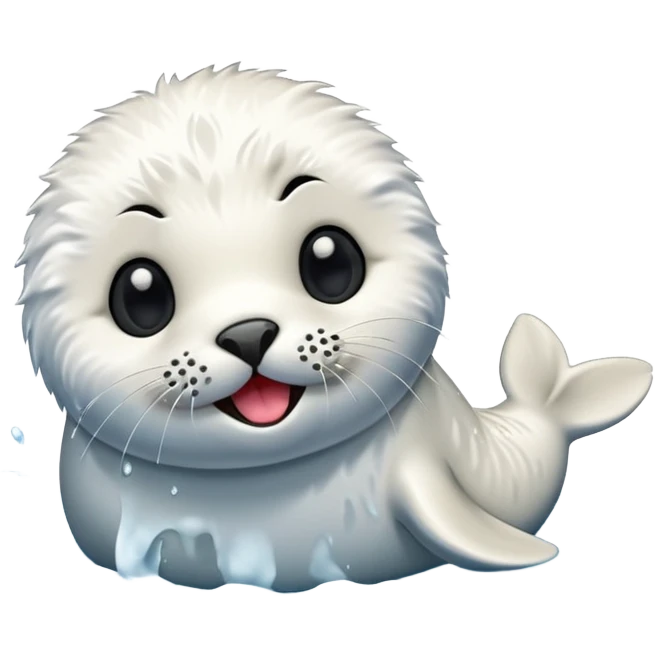A fluffy, all-white furred, tiny seal having fun in the lake while sticking his tongue out. emoji