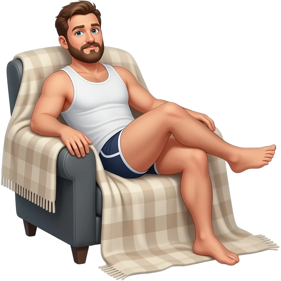 Erstelle ein emoji von einem ungepflegten Mann in tangtop und Unterhose faulenzen im Sessel, das Zimmer oder der Sessel ist verhüllt emoji