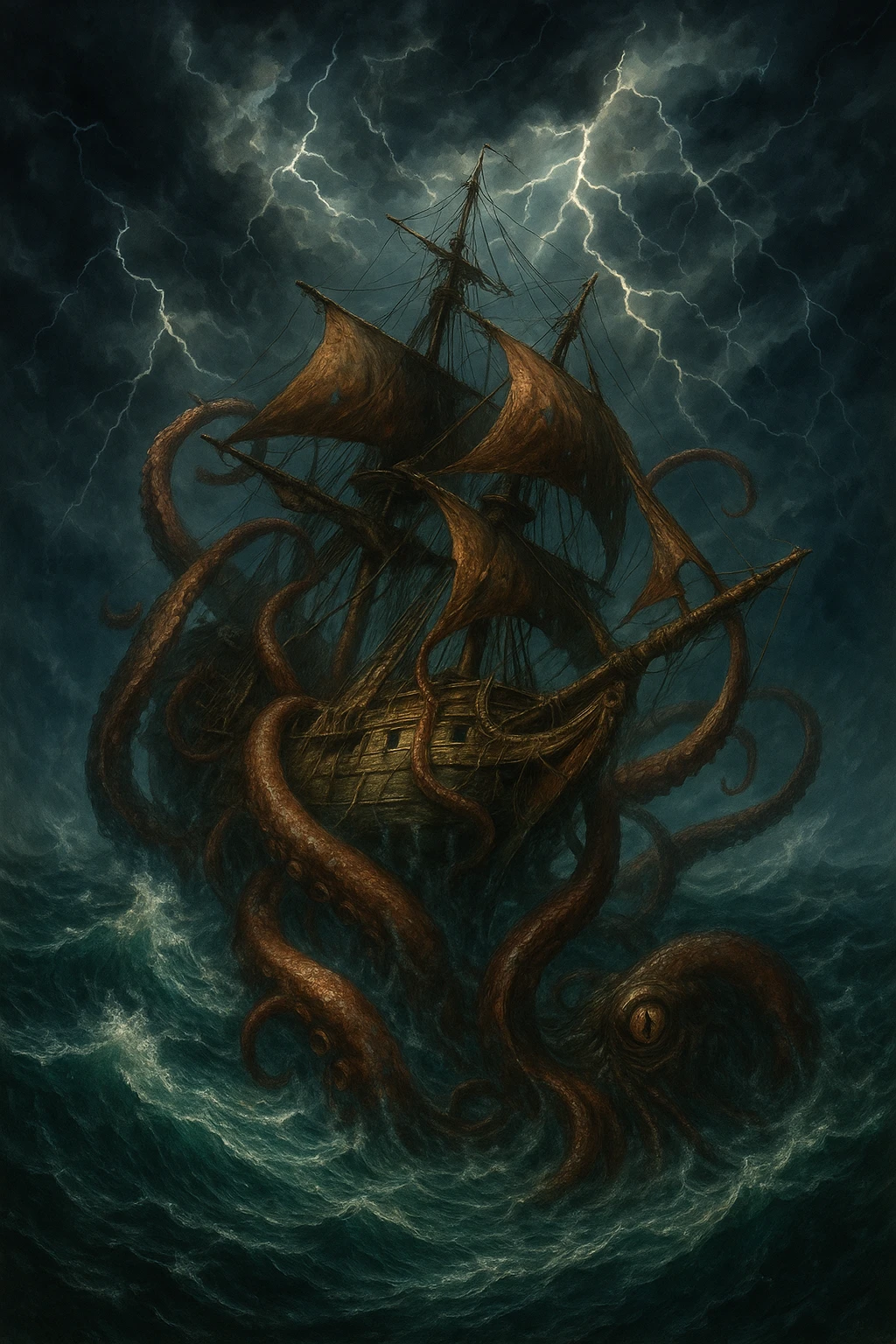 A pirate ship being pulled underwater by a monstrous kraken, stormy sky, detailed fantasy art emoji