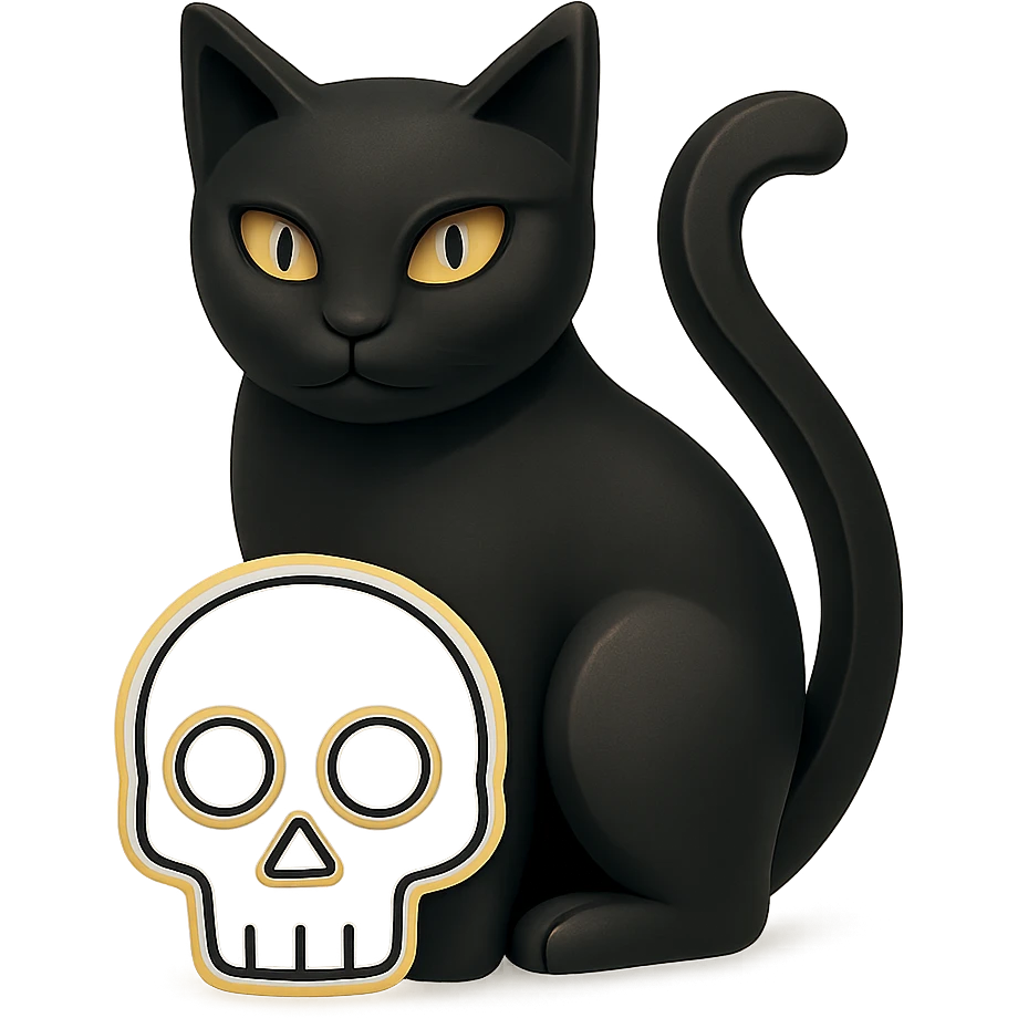 Transform the black cat into a 3D style with detailed shading and depth. Keep the skull in a clean outline style with no fill and no background, preserving its simplicity and clarity. emoji