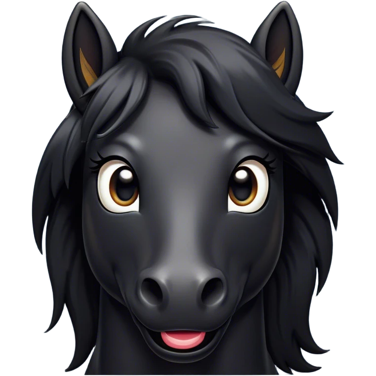 Cinematic Comical Black Horse Portrait Emoji, Head tilted dramatically with an exaggeratedly amused expression, featuring a striking jet-black fur with a glossy finish and wide, expressive dark eyes filled with playful disbelief, Simplified yet hilariously expressive features, highly detailed, glowing with a slightly sassy glow, high shine, dramatic yet playful, stylized with an air of cheeky mischief, bright and endearing, soft glowing outline, capturing the essence of a spirited and over-the-top horse, so meme-worthy it feels like it could side-eye its way into internet fame instantly! emoji