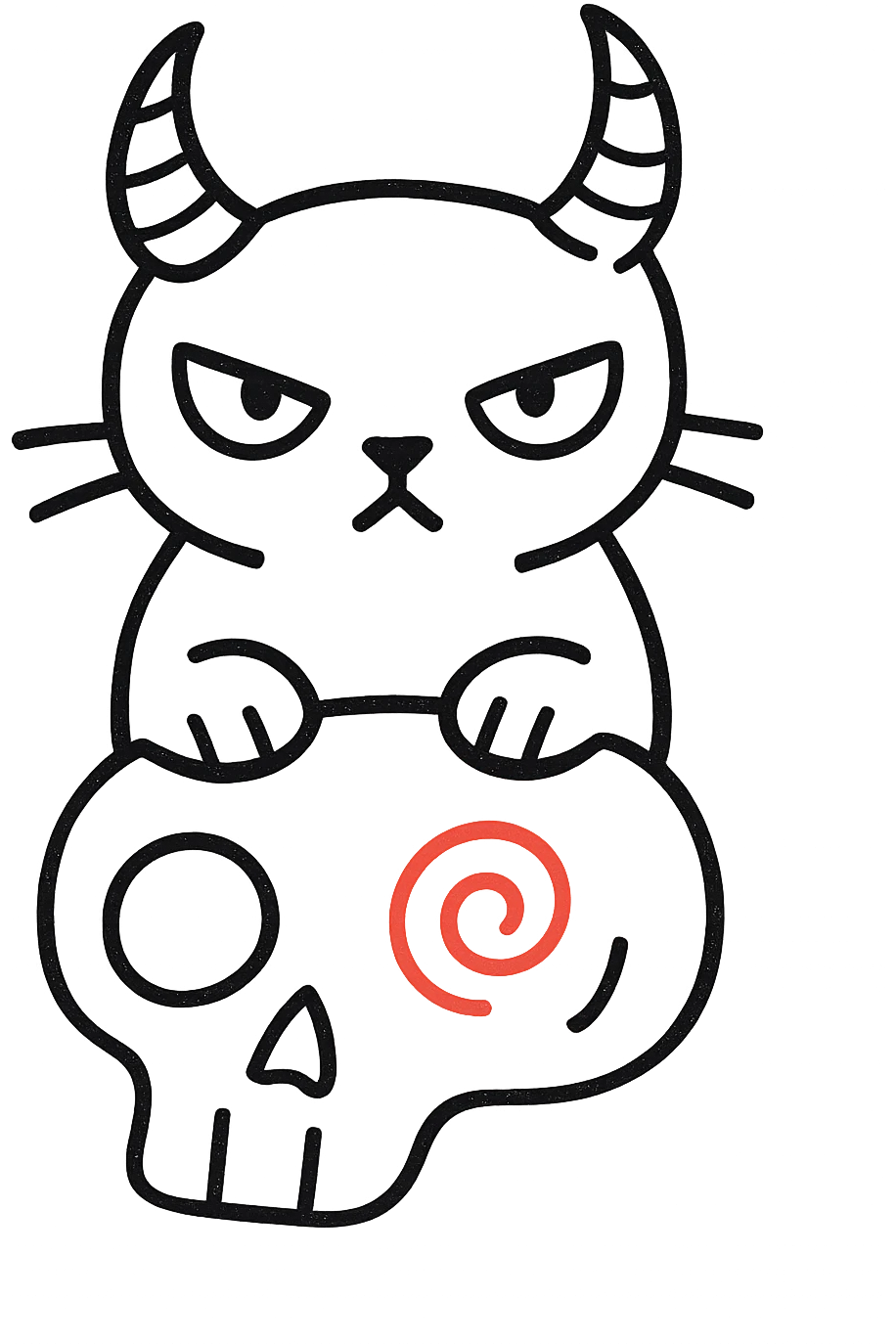 Remove the lollipop from the cat's horn, hand drawn style with sketchy lines, no fill, preserve the red spiral on the skull, transparent background. emoji