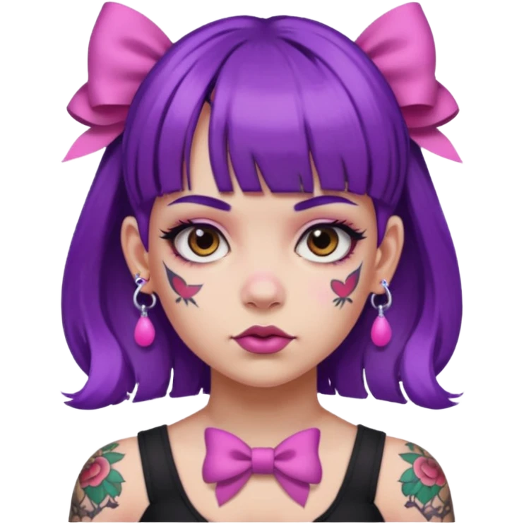 girl with bangs and purple hair and pink hairbow on the side of head and earrings and very heavy face tattoos emoji