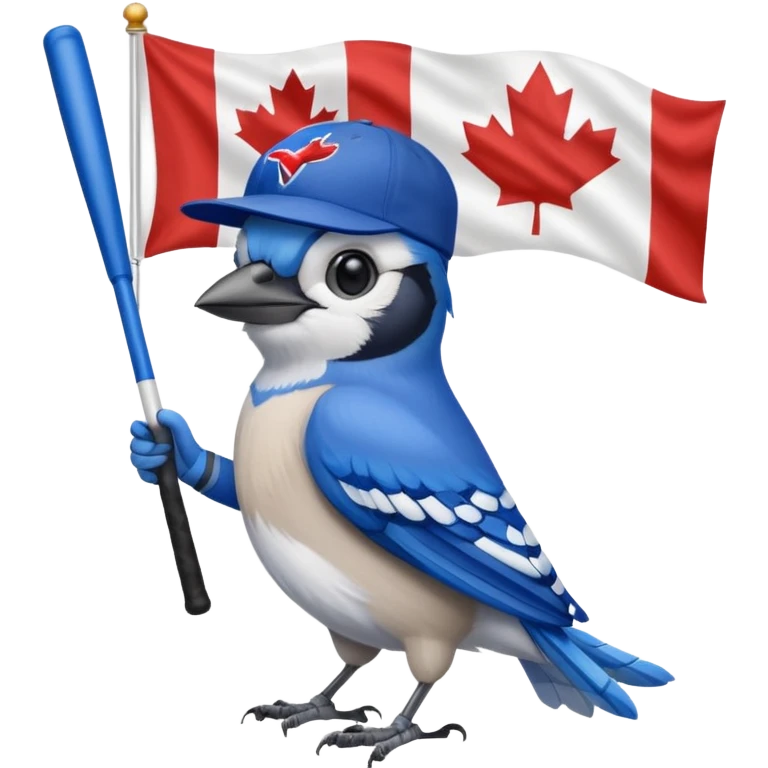 bluejay standing swinging bat with  toronto blue jays baseball hat and holding canadian flag
 emoji
