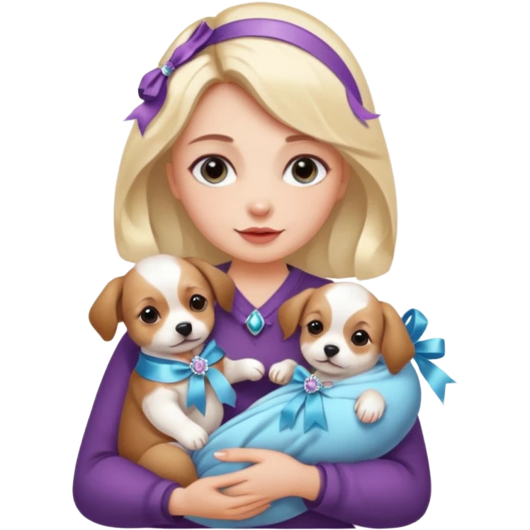 woman holding baby dogs with ribbons and crystals emoji