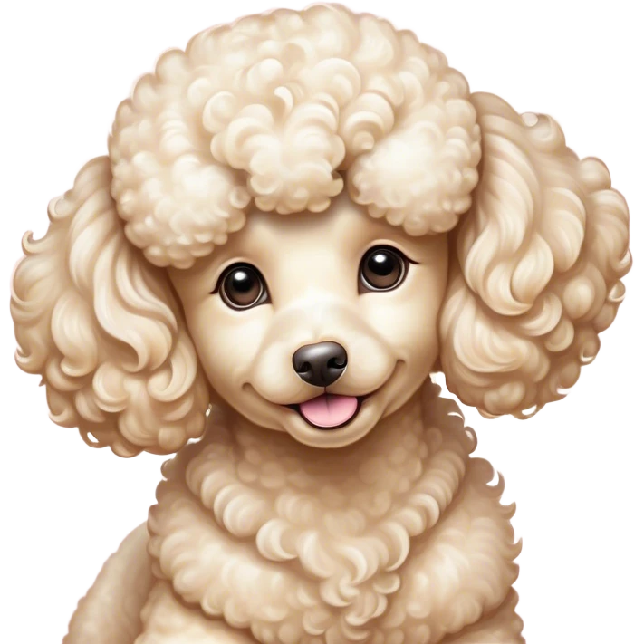 Cinematic Cute Cream Poodle Portrait Emoji, Head tilted playfully and inquisitively, showcasing a bouncy, curly cream Fur with a luminous sheen, round, sparkling warm eyes filled with curiosity, Simplified yet irresistibly adorable features, highly detailed, glowing with a warm, friendly glow, high shine, affectionate and lively, stylized with a touch of whimsy, bright and endearing, soft glowing outline, capturing the essence of a mischievous yet loving companion, so playful it feels like it could bounce out of the screen and into your arms! emoji