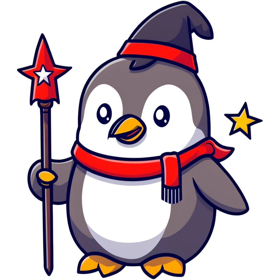 Penguin wizard with Russian beard, star-covered hat, and red magical staff emoji