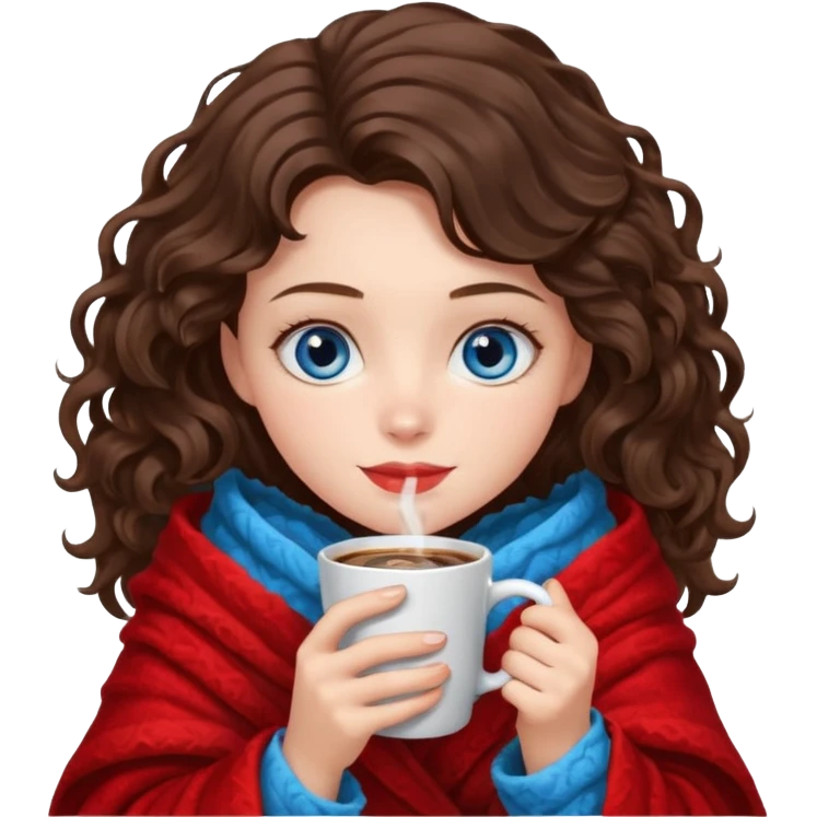 Девушка брюнетка с волнистыми волосами и голубыми глазами укутана в красный пушистый плед и пьет кофе emoji