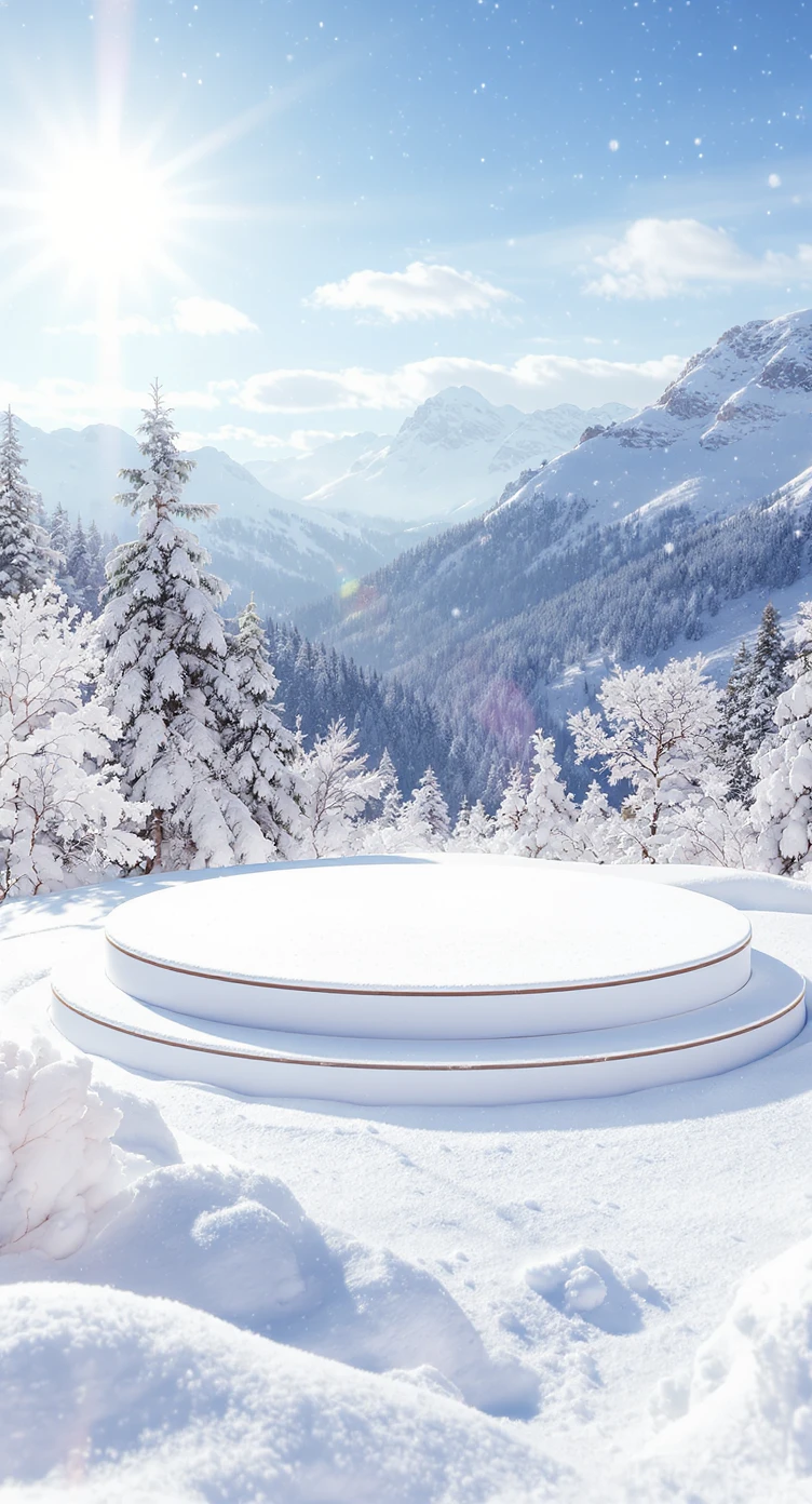 Cinematic still of a winter landcape, sunny day, white circle stage on middle, snowy,christmas tree in snow, in background we can see beautifull snowy landscape, soft light, symmetrical, day --no curtains emoji
