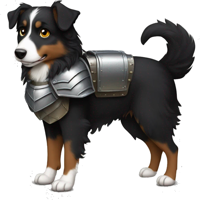 Small black australian shepherd dog with armor emoji