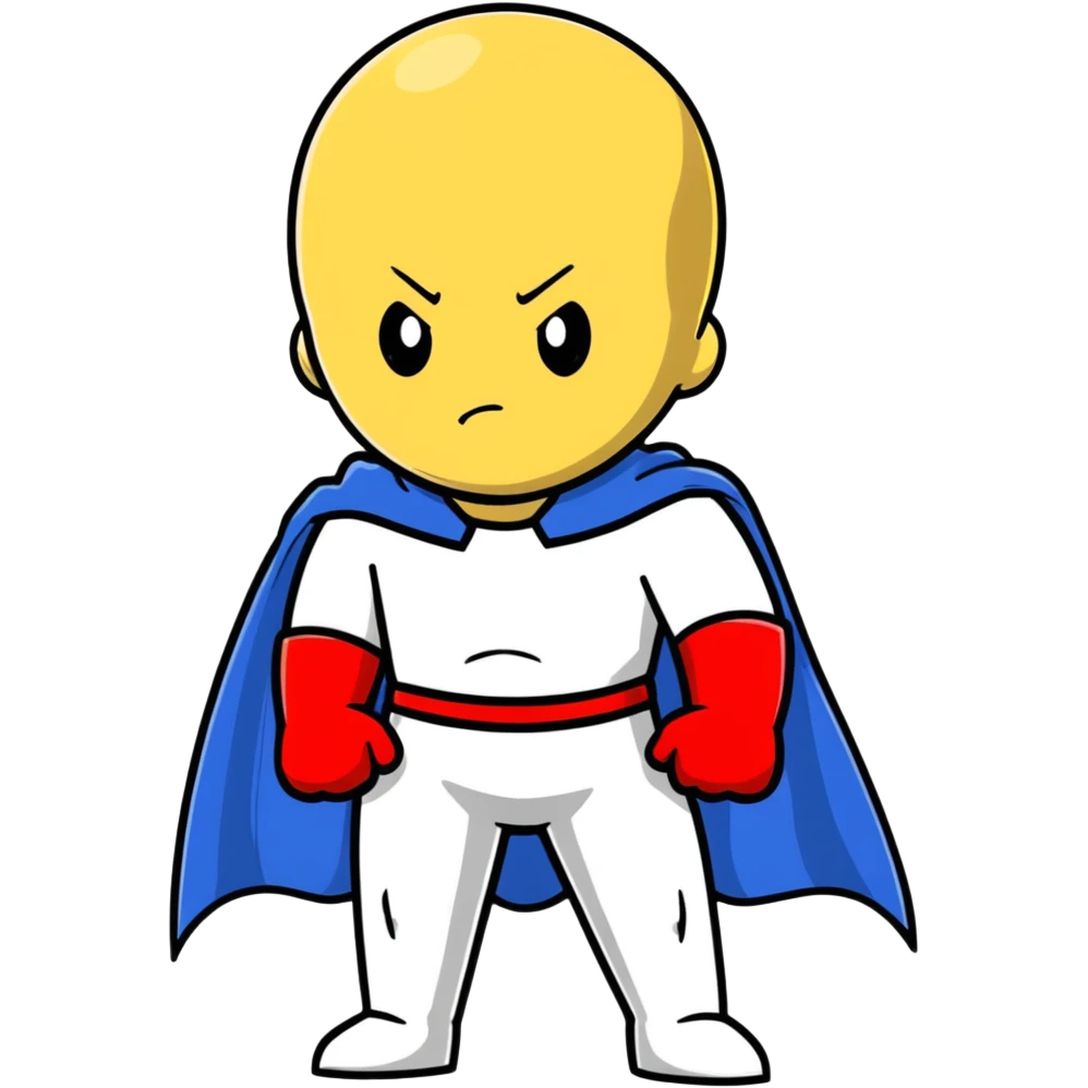 Saitama from One Punch Man, bald head, blank expression, yellow hero suit with white cape, red gloves emoji