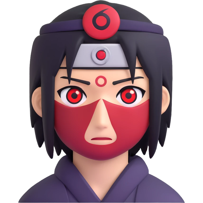 Itachi Uchiha themed emoji focusing on Mangekyou Sharingan eyes and headband with a scratch, modern emoji style emoji