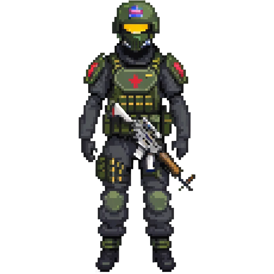 armed figure in all-black military clothing, shiesty mask, and helmet emoji