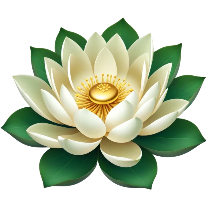 Lotus flower in full bloom with white petals and golden center, round green leaf emoji